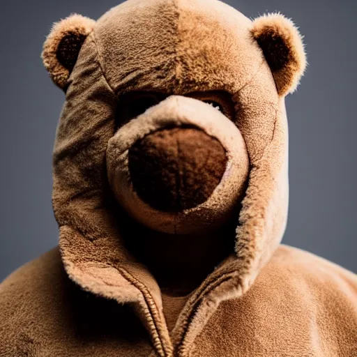 Image similar to the face of kanye west wearing full teddy bear costume at 4 3 years old, portrait by julia cameron, chiaroscuro lighting, shallow depth of field, 8 0 mm, f 1. 8