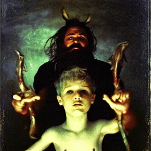 Image similar to by bill henson, by pierre - auguste renoir dark exciting. a mixed mediart of a mythological scene. large, bearded man seated on a throne, surrounded by sea creatures. he has a trident in one hand & a shield in the other. behind him is a large fish. in front of him are two smaller creatures.