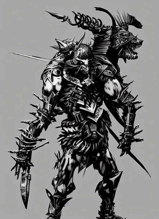 Image similar to Full body portrait of a gnoll warrior with a armour made of bones. In style of Yoji Shinkawa and Hyung-tae Kim, trending on ArtStation, dark fantasy, great composition, concept art, highly detailed, dynamic pose.