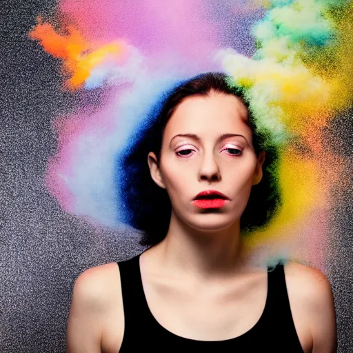 Image similar to woman made from coloured clouds and smoke, studio photo on a black background