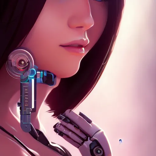 Image similar to portrait of beautiful girl with robot body by artgerm and ilya kuvshinov, close up, portrait, cinematic, elegant, artstation, intricate, highly detailed, digital painting, artstation, concept art, sharp focus, illustration, cyberpunk, cgsociety, 8 k