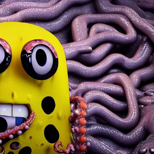 Image similar to ominous spongebob staring into your soul with realistic, slimy, tentacles in background, scary, rendered in blender, horror, gloomy, dark, terrifying, terror, frightful, super detailed octane render,