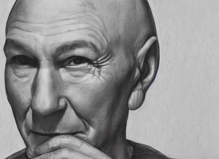 Prompt: a charcoal drawing of patrick stewart sitting in a big bowl of beef stew