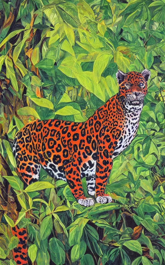 Prompt: a velvet painting of a colorful jaguar in a jungle