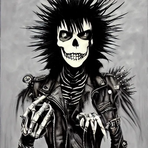 Image similar to a portrait of the grim reaper as a punk rocker, punk, skeleton face, mohawk, dark, fantasy, leather jackets, spiked collars, spiked wristbands, piercings, boots, electric guitars, motorcycles, ultrafine detailed painting by frank frazetta and vito acconci and virgil finlay and takeshi obata, death note style, detailed painting