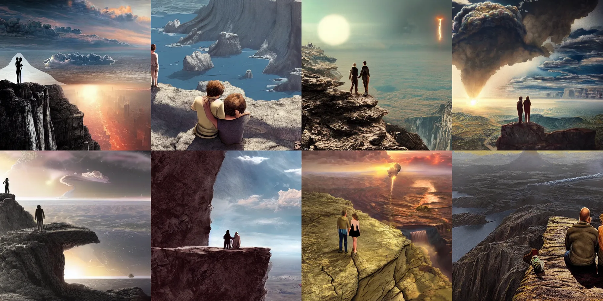 Prompt: a couple holding hands sitting on the edge of a cliff watching the world end by nuclear missiles, photorealistic, highly detailed, hyper detailed, fallout, end of the world, Doomsday