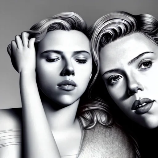 Image similar to intricate beautiful hyperreal portrait of a young scarlett johansson and young scarlett johansson, smiling softly, casual clothes, relaxing on the couch, home interior, golden hour, close up shot, 8 k, art by irakli nadar, hyperrealism, hyperdetailed, ultra realistic