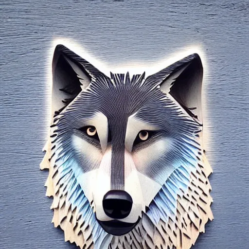 Prompt: wolf made out of wood, howling, realistic, very detailed, night sky,