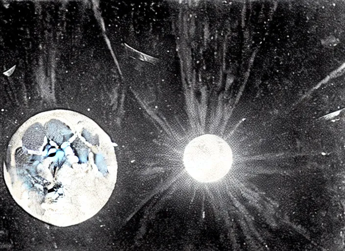 Image similar to vintage film still of the moon exploding shattering fragments in the sky around the exploding moon over new york city in the 1 9 2 0 s from the old sci - fi movie