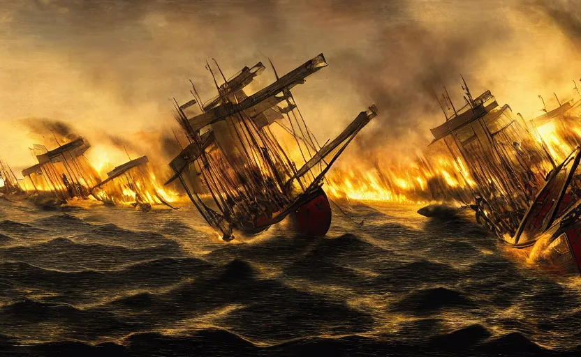 Prompt: the battle of salamis with triremes on fire, photography, war photography, golden hour, extremely detailed, 4 k