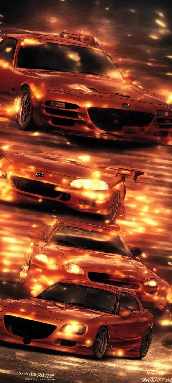 Image similar to anime screenshot of jdm mazda rx - 7 drifting on wall maria, illustration, cinematic, long exposure, 4 k, spotlight