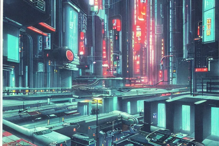 Image similar to 1979 OMNI Magazine Cover of a sewer system outlet neo-Tokyo. Cyberpunk Akira style by Vincent Di Fate