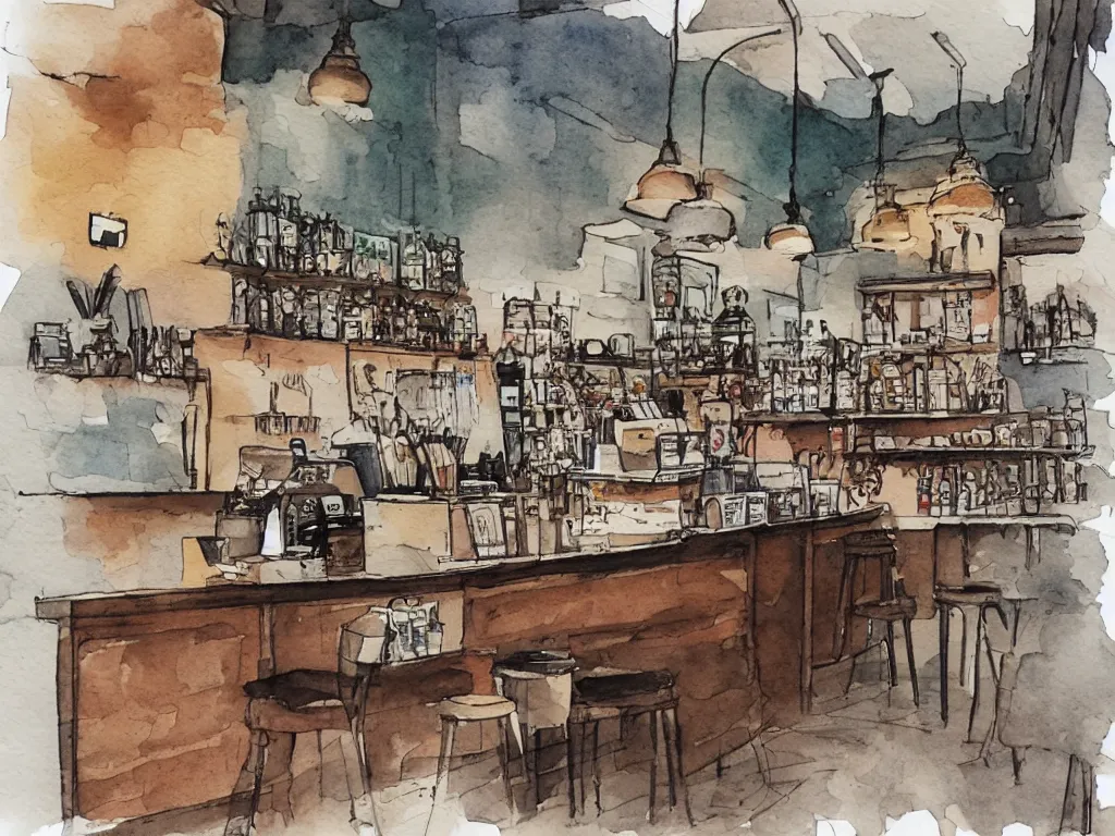 Image similar to a coffee shop smooth light color watercolor ink pen