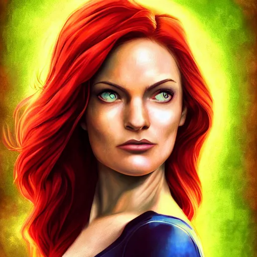 Prompt: jean grey, a half body portrait of jean grey, green eyes, red hair, phoenix, flames, flying, comic, x - men, highly detailed, artstation, symetry, digital painting, vivid colors, realistic shaded perfect face, soft lighting, atmospheric, cinematic, moody, in the style of alex ross, oil on canvas, 8 k