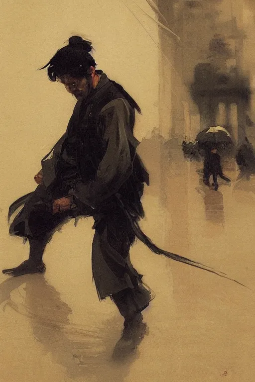 Image similar to portrit of a ninja on a rainy night by joaquin sorolla, greg rutkowski, hokusai