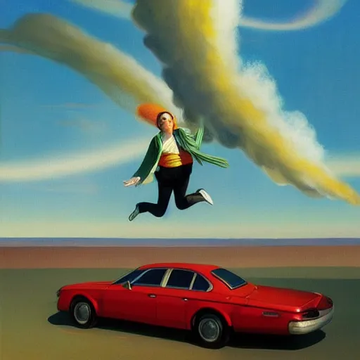 Image similar to Giant iridescent Grandma flying through the air, as a tornado approaches, by Takashi Murakami, Edward Hopper, Bo Bartlett, and Cynthia Sheppard, Artstation