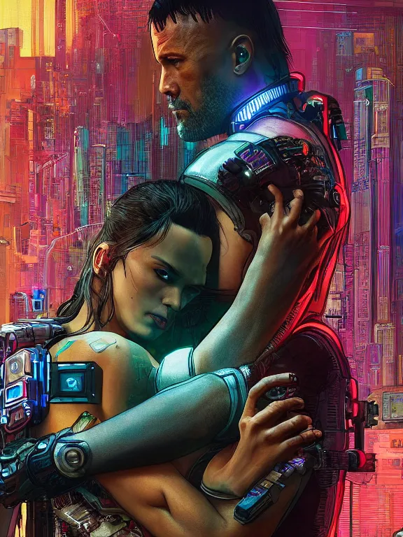 Image similar to a cyberpunk 2077 portrait of Dwayne Johnson hug a female android , complex mess of cables and wires behind them connected to giant computer, love,film lighting, by laurie greasley,Lawrence Alma-Tadema,William Morris,Dan Mumford, trending on atrstation, full of color, mythological, high detailed,golden ratio,cinematic lighting