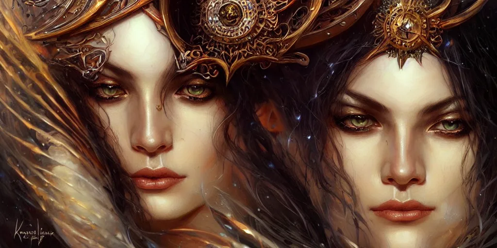 Prompt: a female sorceress by karol bak and vargas, beautiful detailed eyes, cute, fantasy, intricate, elegant, highly detailed, digital painting, 4 k, hdr, concept art, detailed jewelry, smooth, sharp focus, illustration, art by artgerm