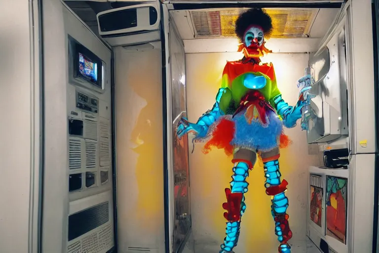 Image similar to robo - clowngirl emerging from a translucent fridge in cyberspace, fractal, in 1 8 8 5, y 2 k cutecore clowncore, bathed in the glow of a crt television, crt screens in background, low - light photograph, in style of tyler mitchell