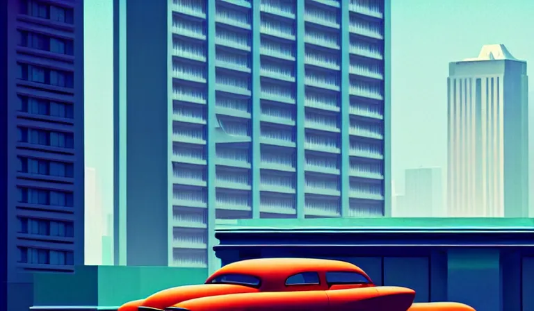 Image similar to a beautiful, sharp focus, clean lines. the interior of an art deco hotel. vaporwave ombre rendering. outrun style. trending on artstation. recommended for you behance. by chris moore. by edward hopper. ambient occlusion. digital matte painting. metropolis filmic. gotham city.