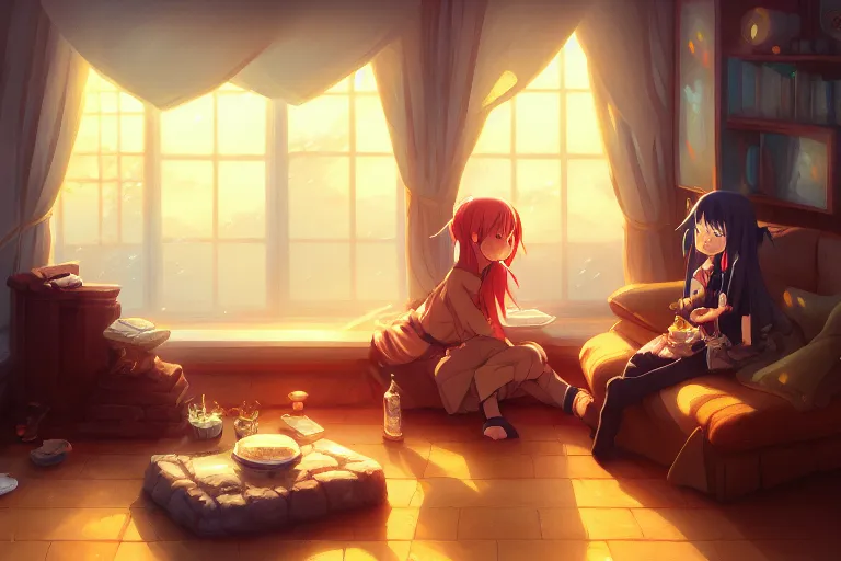 Prompt: a cozy!!!!!! room with a fireplace, intricate oil painting, high detail illustration, sharp high detail, manga and anime, official fanart behance hd artstation by jesper ejsing and makoto shinkai, 4 k,