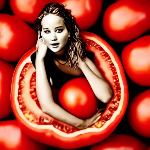 Prompt: jennifer lawrence inside a tomato, dslr 5 0 mm