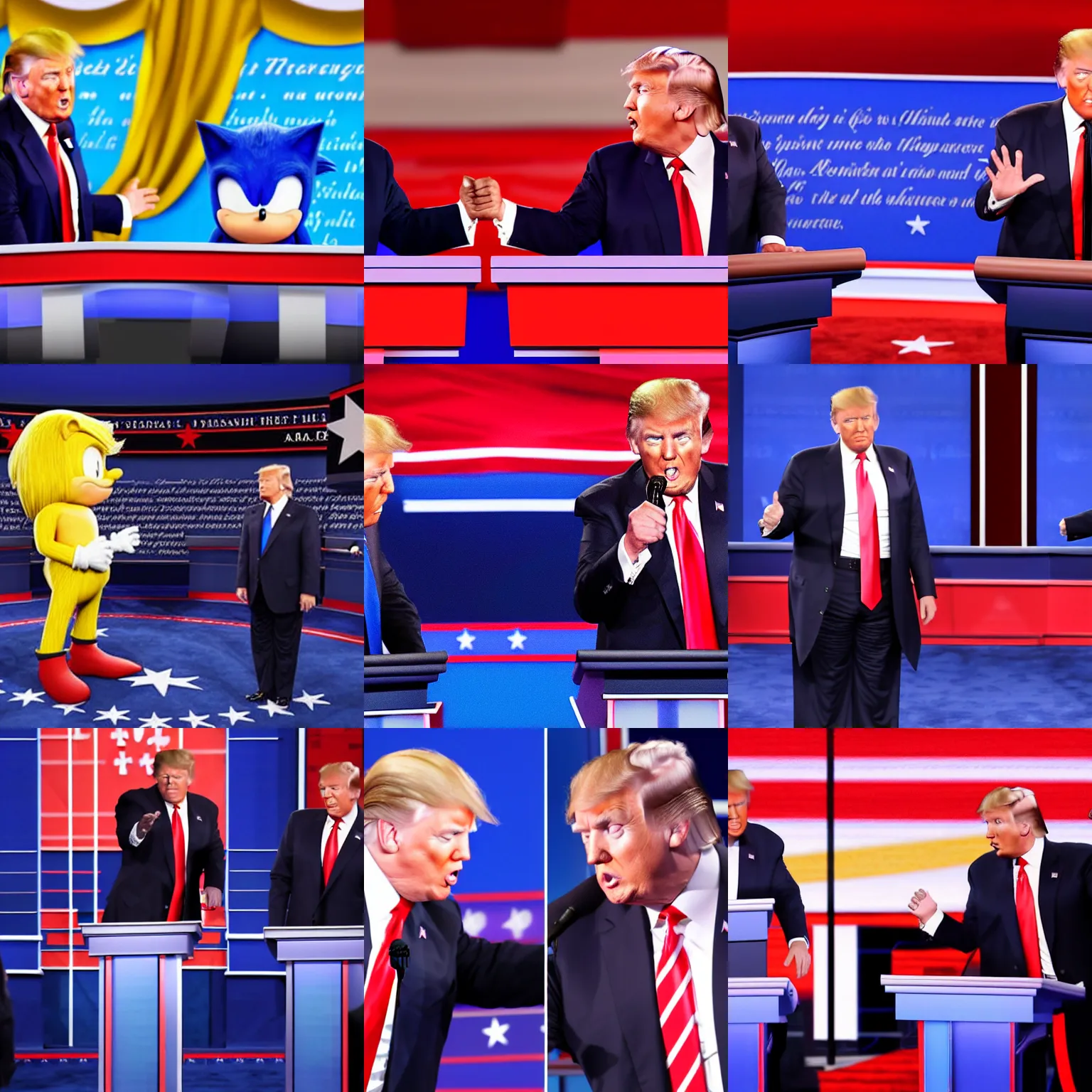 Prompt: 8K photograph of the presidential debate between Donald Trump and Sonic The Hedgehog, Getty Images