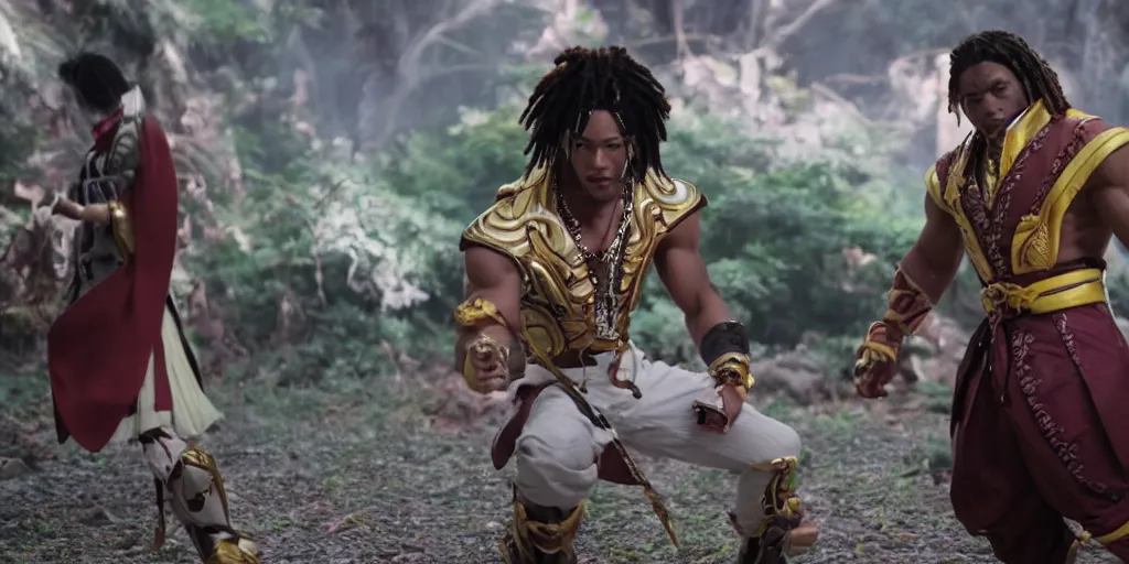 Prompt: a film still of a black man starring in a japanese blockbuster film as eddy gordo from tekken, shallow depth of field, cinematic, award winning cgi, vfx, film still