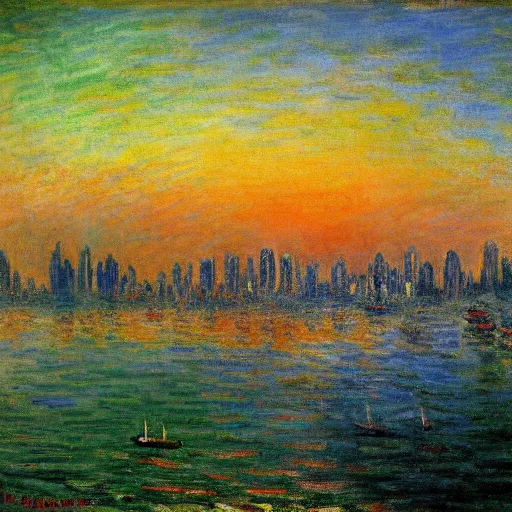 Image similar to the singapoore skyline painted by claude monet