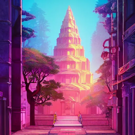 Image similar to mystical realistic poster with shaded lighting by arjun brooklyn radiant light, detailed and complex environment, solace, beautiful, utopic city in the sky with many buildings and temples reflecting an older ancient city on the ground with old growth pine trees, overlaid sacred geometry, with implied lines, gradient of hot pink and neon baby blue