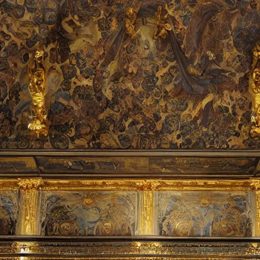 Image similar to ornate marble and gold wall, full of paintings of angels, highly detailed