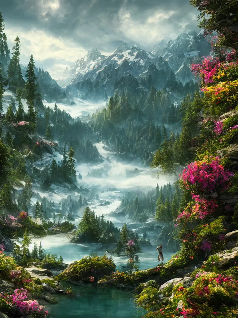 Image similar to a epic view of a mountainous lake, forest, flowers, concept art, trending on, very detailed, unreal engine, 4 k, photoreal, volumetric lighting, light rays, epic composition, warm colors, angelic