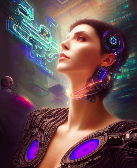 Image similar to a whirlwind of souls rushing inside the metaverse, hologram, half body, neurochip, shaved temple, piercing, jewelry, android, cyborg, cyberpunk face, by loish, d & d, fantasy, intricate, elegant, highly detailed, colorful, digital painting, artstation, concept art, art by artgerm and greg rutkowski and alphonse mucha