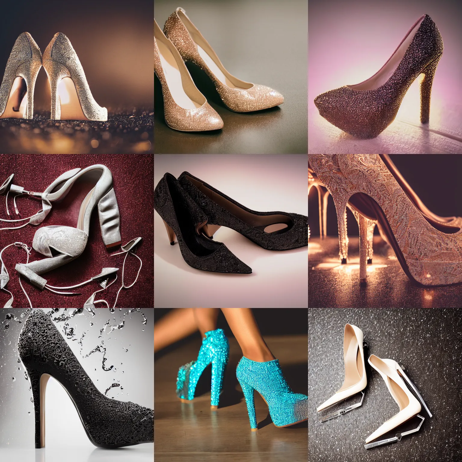 Prompt: product shot of high heels, high quality 4 k, wet, advertisement, soft lighting, intricate, detailed, photo