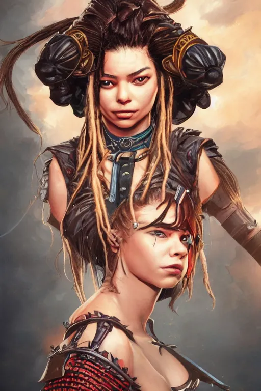 Prompt: fantasy comic book style portrait of a gorgeous teen model with dreadlocks who looks like miranda cosgrove and has a samurai tattoo, hyper realistic, illustration, trending on artstation, HD, 4k, 8k, intricate detailed anatomy, character design, by james gurney and tom bagshaw