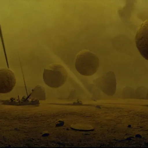 Image similar to battle scene from duna by alejandro jodorowsky and denis villeneuve in andrei tarkovsky style many details volumetric natural light hyperrealism