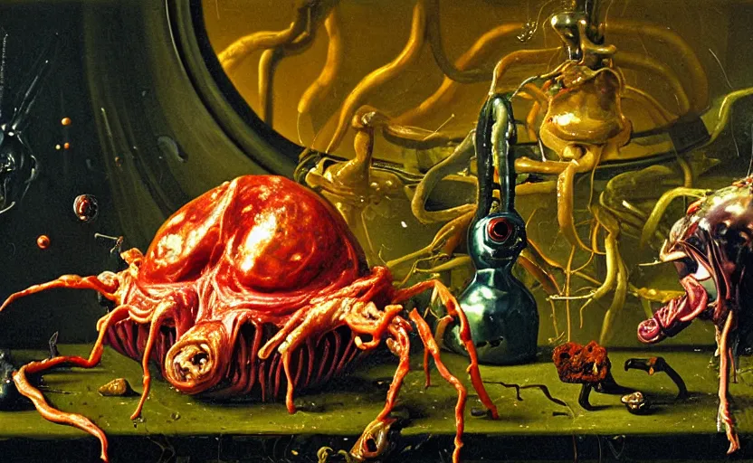 Image similar to terrifying alienbody, lurid colorful oil painting dutch golden age vanitas still life balanced composition with malignant objects strange gooey transparent surfaces shiny metal reflections bizarre mutant meat insects rachel ruysch dali todd schorr very detailed perfect composition rule of thirds masterpiece canon 5 0 mm, cinematic lighting, photography, retro, film, kodachrome