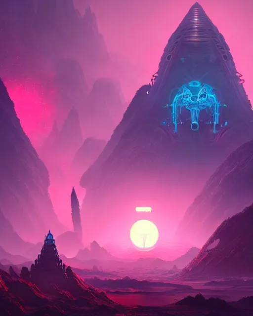 Prompt: alien temple, beautiful landscape, nier automata, protoss!!, machine planet, glass obelisks!!, glow, mothership in the sky, pink sun, tropical forest, colorful light, advanced technology, cinematic lighting, highly detailed, masterpiece, art by bastien grivet and darwin cellis and jan urschel