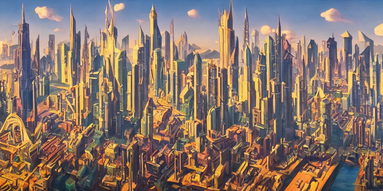 Prompt: Cityscape from an adventure game theme of wizards of science (oil paint on canvas, art deco era)