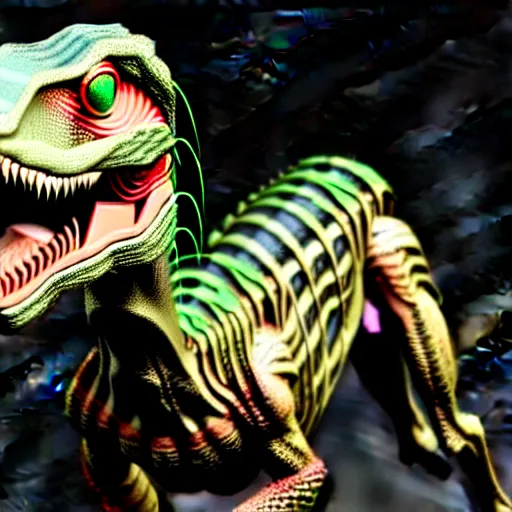 Image similar to a velociraptor with electric collars around its body infected by an alien implant, photorealistic 3 d octane render, unreal engine
