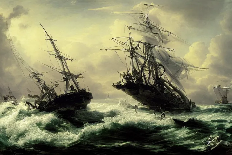 Prompt: Giant squid attempts to pull a ship into the ocean with it's tentacles . . painting by Louis Philippe Crepin. smoke and flashes . 8k octane beautifully detailed render, post-processing, extremely hyper-detailed, intricate, epic composition, highly detailed attributes, highly detailed atmosphere, cinematic lighting, masterpiece.