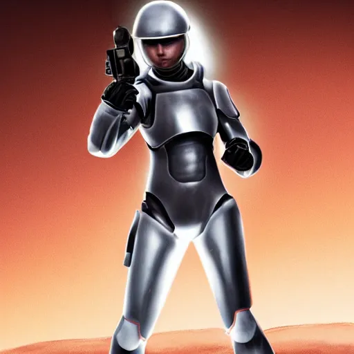 Image similar to a young female soldier, no makeup, in glossy sleek white armor inspired by samus aran, blood stains, dings and scratches, soot marks, long red cape, heroic posture, determined expression, no helmet, on the surface of mars, dramatic lighting, cinematic, sci-fi, hyperrealistic, detailed