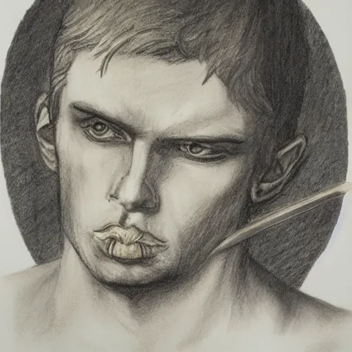 Prompt: self portrait, handsome man with battle scar on his chest holding his sword on his shoulder, pencil art, detailed, handsome, colored, bloody
