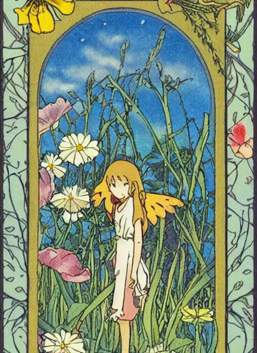 Image similar to fairy floral tarot card by Hayao miyazaki