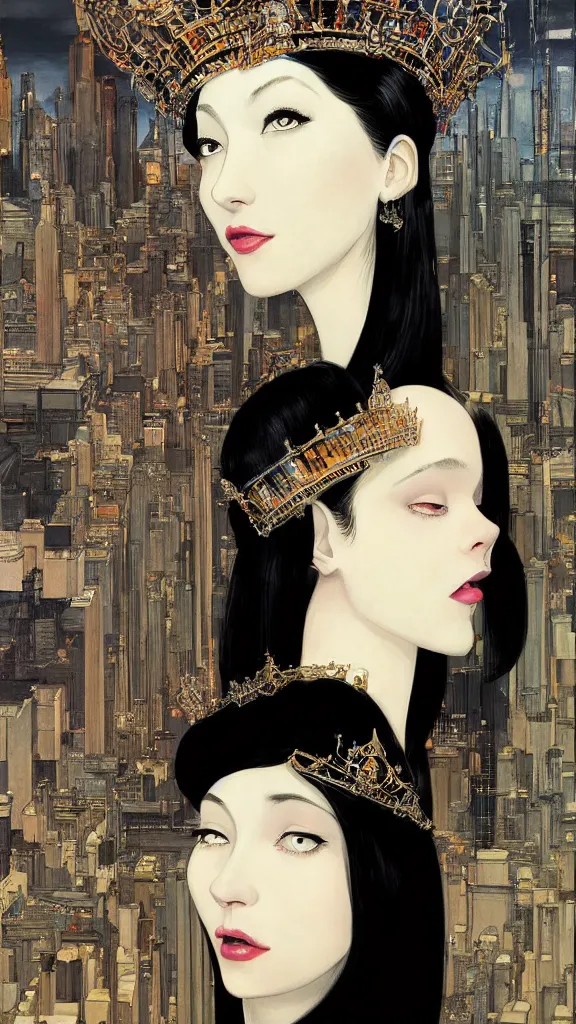 Image similar to a beautiful black haired woman with pale skin and a crown on her head sitted on an intricate metal throne new york circa 1 9 8 4 edward hopper and james gilleard, surreal, open ceiling, highly detailed, airbrush, ilya kuvshinov, wlop, stanley artgerm, very coherent, art by takato yamamoto and james jean