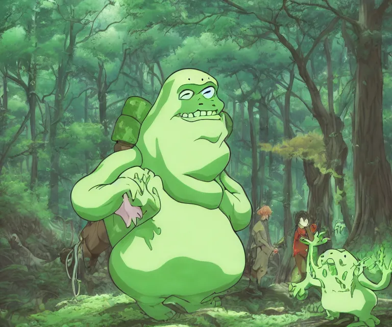 Image similar to slimer in a forest, anime fantasy illustration by tomoyuki yamasaki, kyoto studio, madhouse, ufotable, comixwave films, trending on artstation