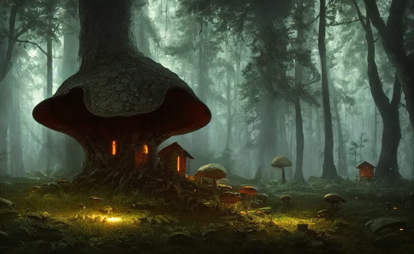 Image similar to A mushroom house!!!!, in a dark forest, macro, cool tones, underexposed, overecast, mysterious matte painting by greg rutkowski and marc simonetti and Ivan Shishkin, 4k