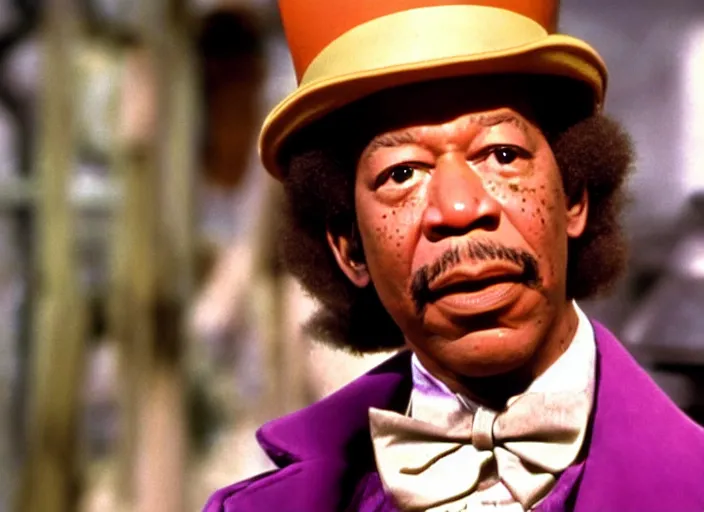 Image similar to a film still of Morgan Freeman as Willy Wonka in Willy Wonka and the Chocolate Factory 1971