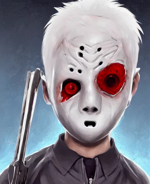 Image similar to cute little boy with white hair anime character inspired by jason voorhees, art by rossdraws, wlop, ilya kuvshinov, artgem lau, sakimichan, jakub rebelka and makoto shinkai, anatomically correct, extremely coherent, highly detailed, sharp focus, slasher movies, smooth, red lighting, very realistic, symmetrical