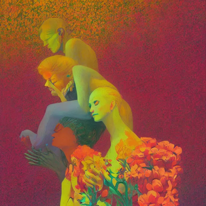 Image similar to portrait of women made of colorful fractal flowers hugging Edward Hopper and James Gilleard, Zdzislaw Beksinski, highly detailed